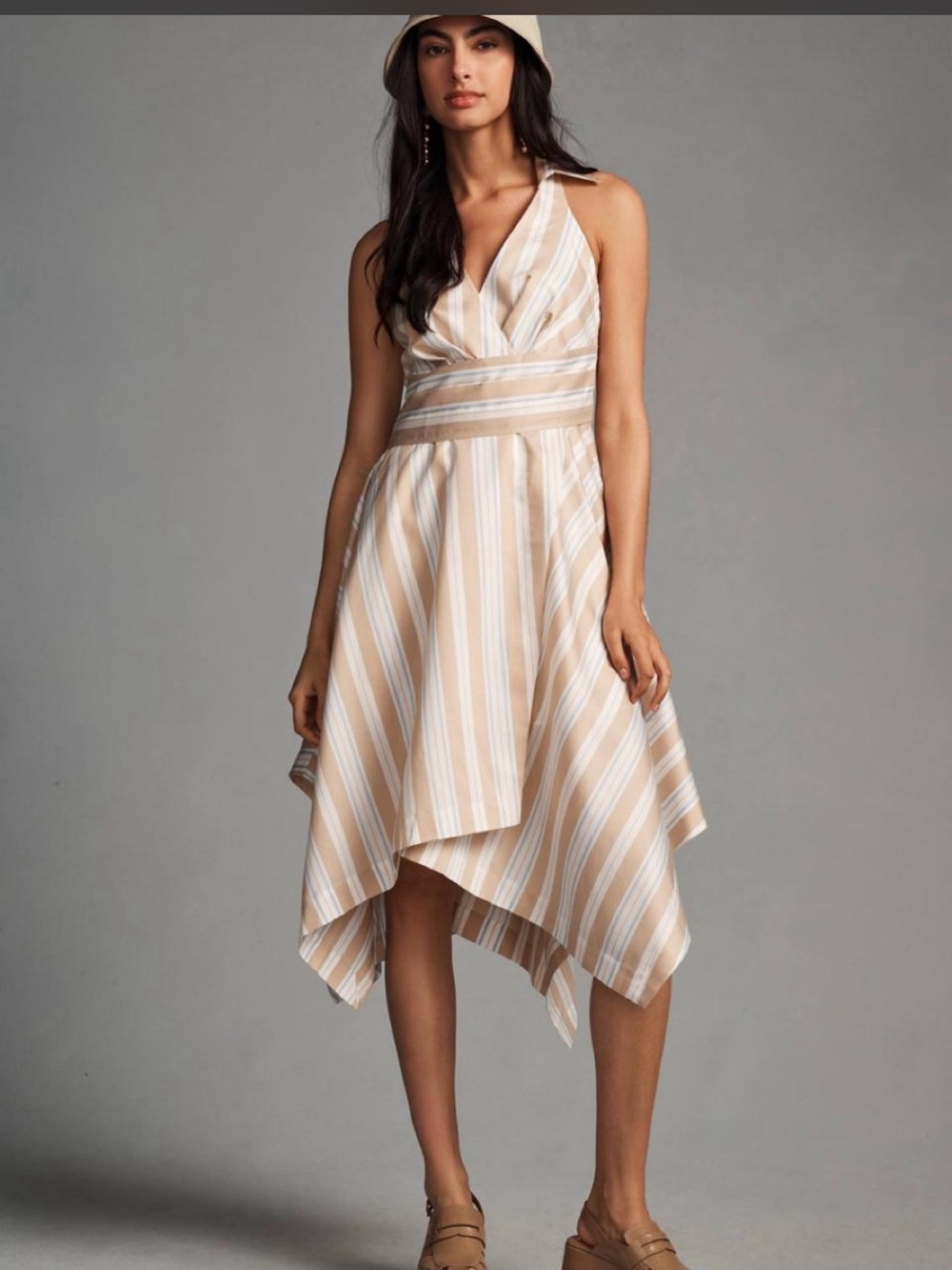 Anthropologie Beige and White Striped Halter Handkerchief Dress